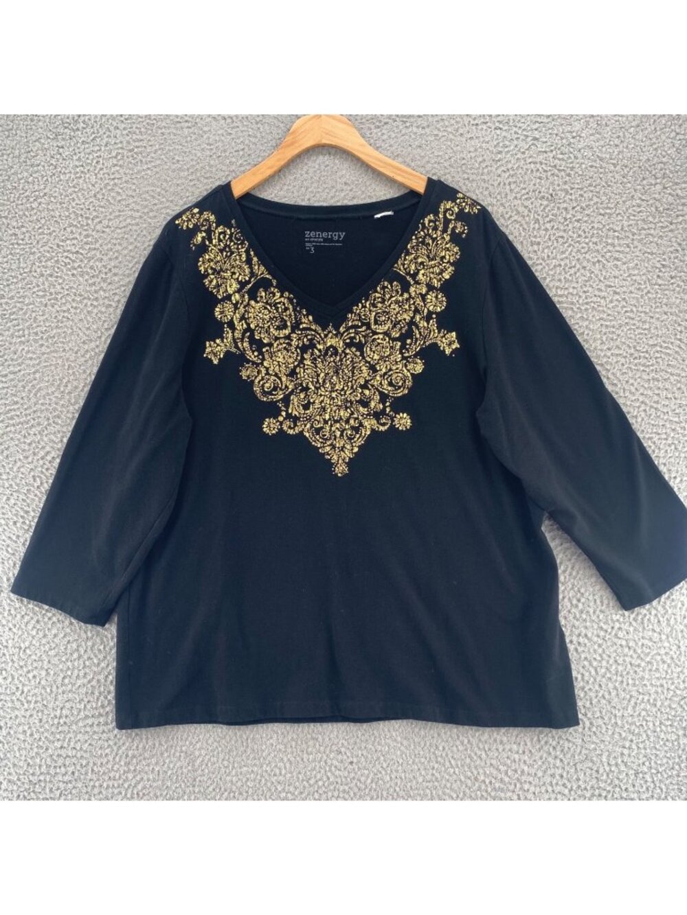 Chicos Top Womens 3 US Extra Large Zenergy Black Gold Paisley Rhinestone V Neck